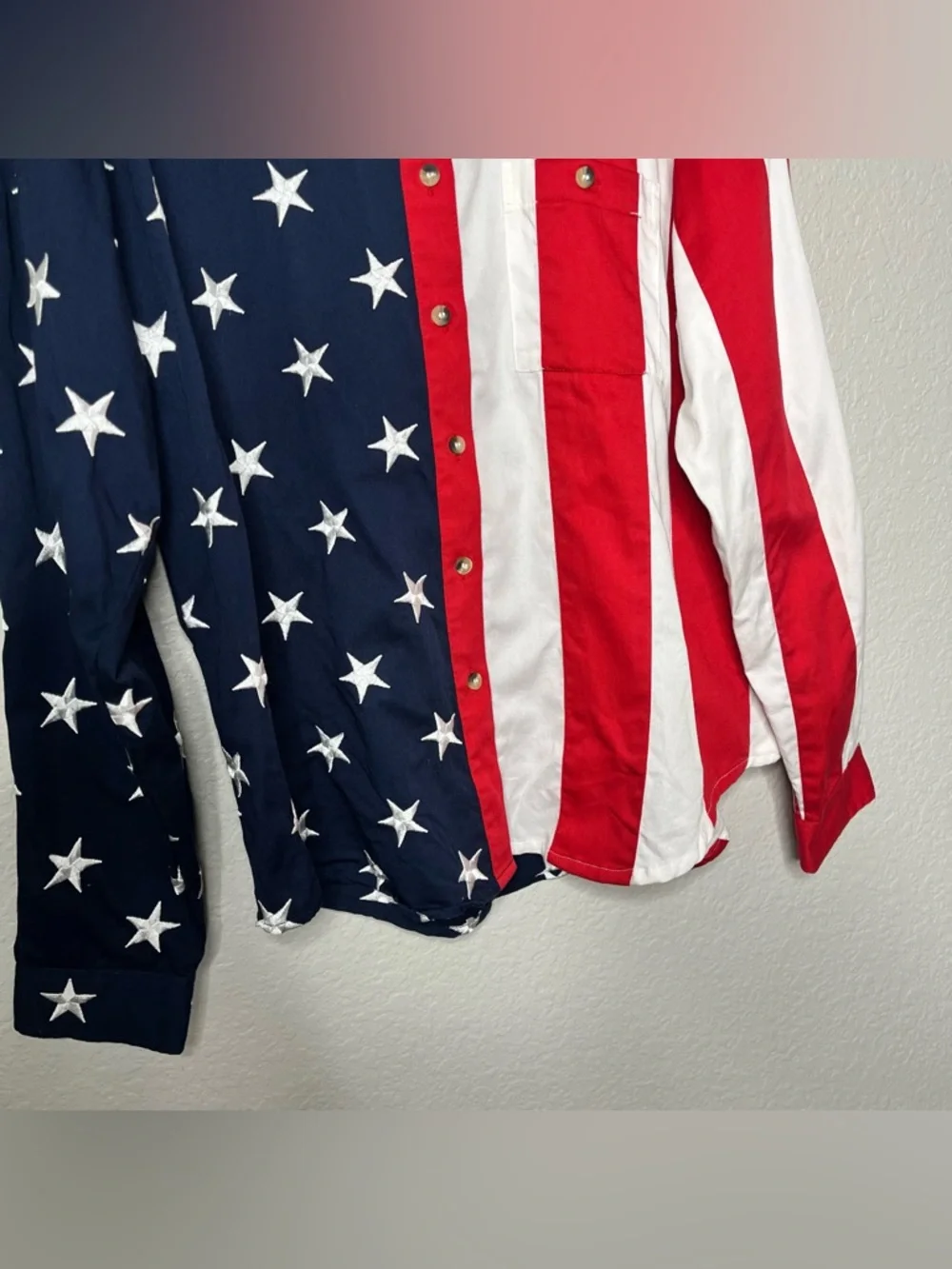 American Summer USA Flag Button Shirt XXL Patriotic Stars Stripes Red White Blue - Picture 5 of 8